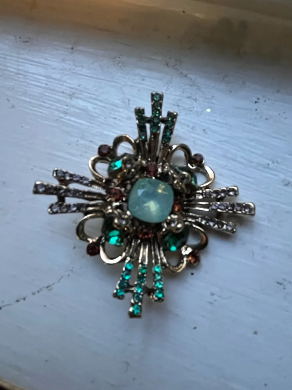 Teal and Emerald Vintage-Inspired Crystal Brooch